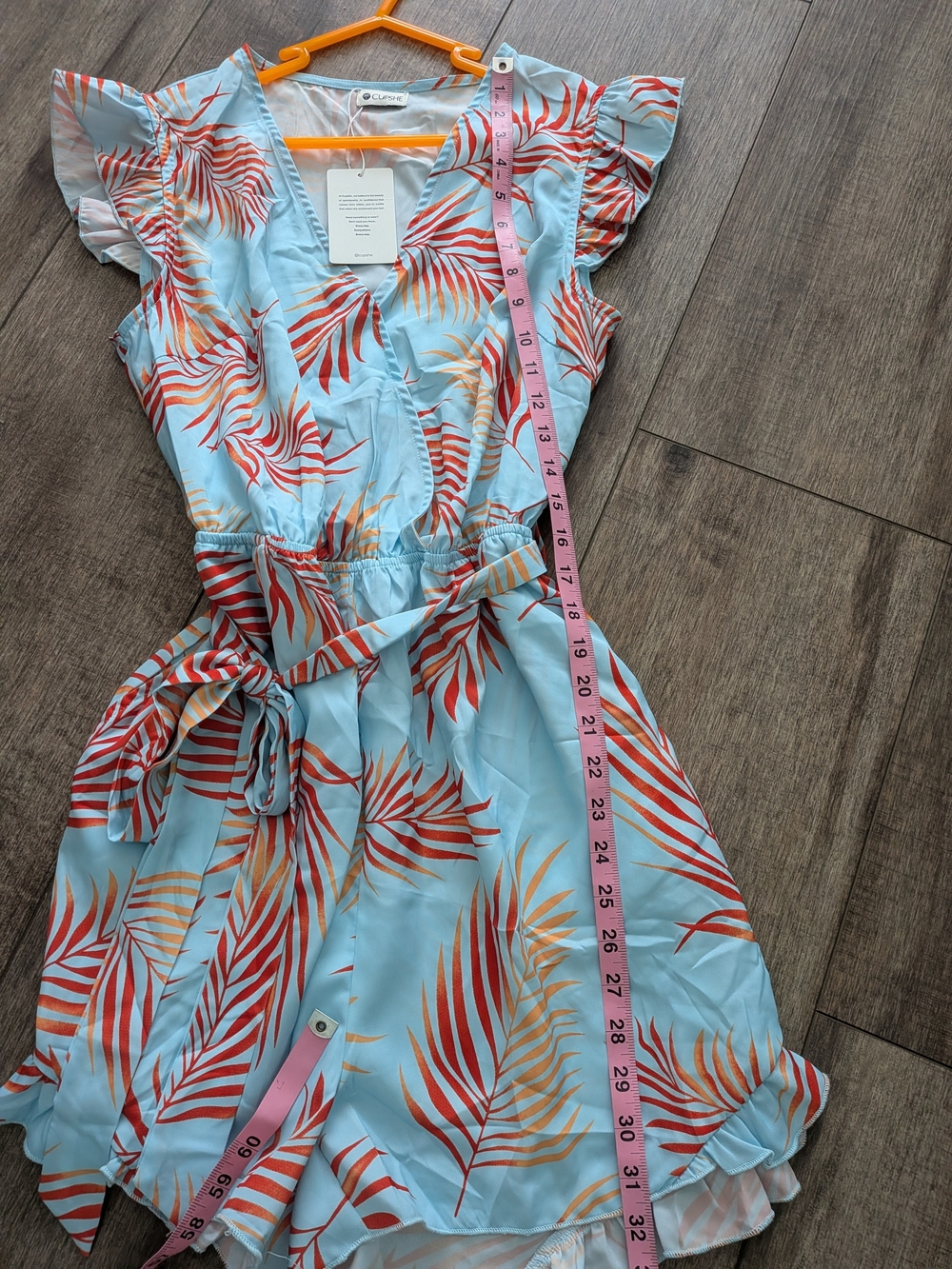 New With Tags! Light Blue Tropical Print Tie-Waist Romper - Picture 8 of 9